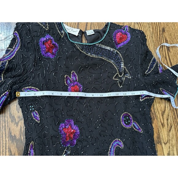 Vintage Lawrence Kazar Size M Black 100% Silk Beaded Sequin Evening Top Whimsy - Picture 5 of 9